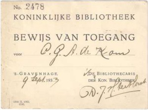 Toegangsbewijs tot de Koninklijke Bibliotheek, 1933. Familiearchief Els de Kom