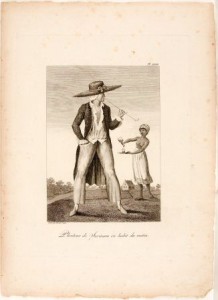 Gravure waarop ongelijkheid tussen de blanke slaveneigenaar en de zwarte slaaf is weergegeven. Door J.G. Stedman, 1798. Tropenmuseum, Amsterdam. Coll.nr. 3728-544b-25